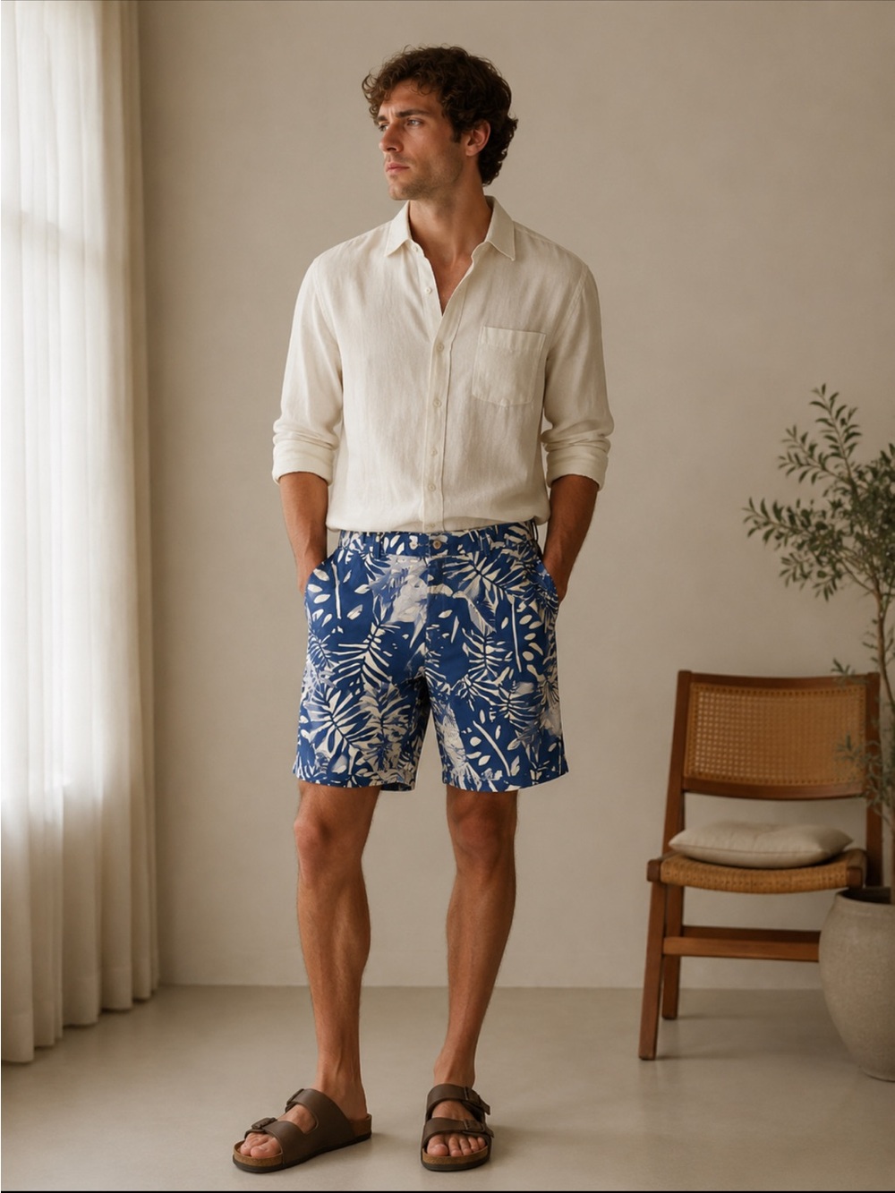 Peter Millar Men's Blue Tropical Palm Leaf Cotton Stretch Shorts Size 36